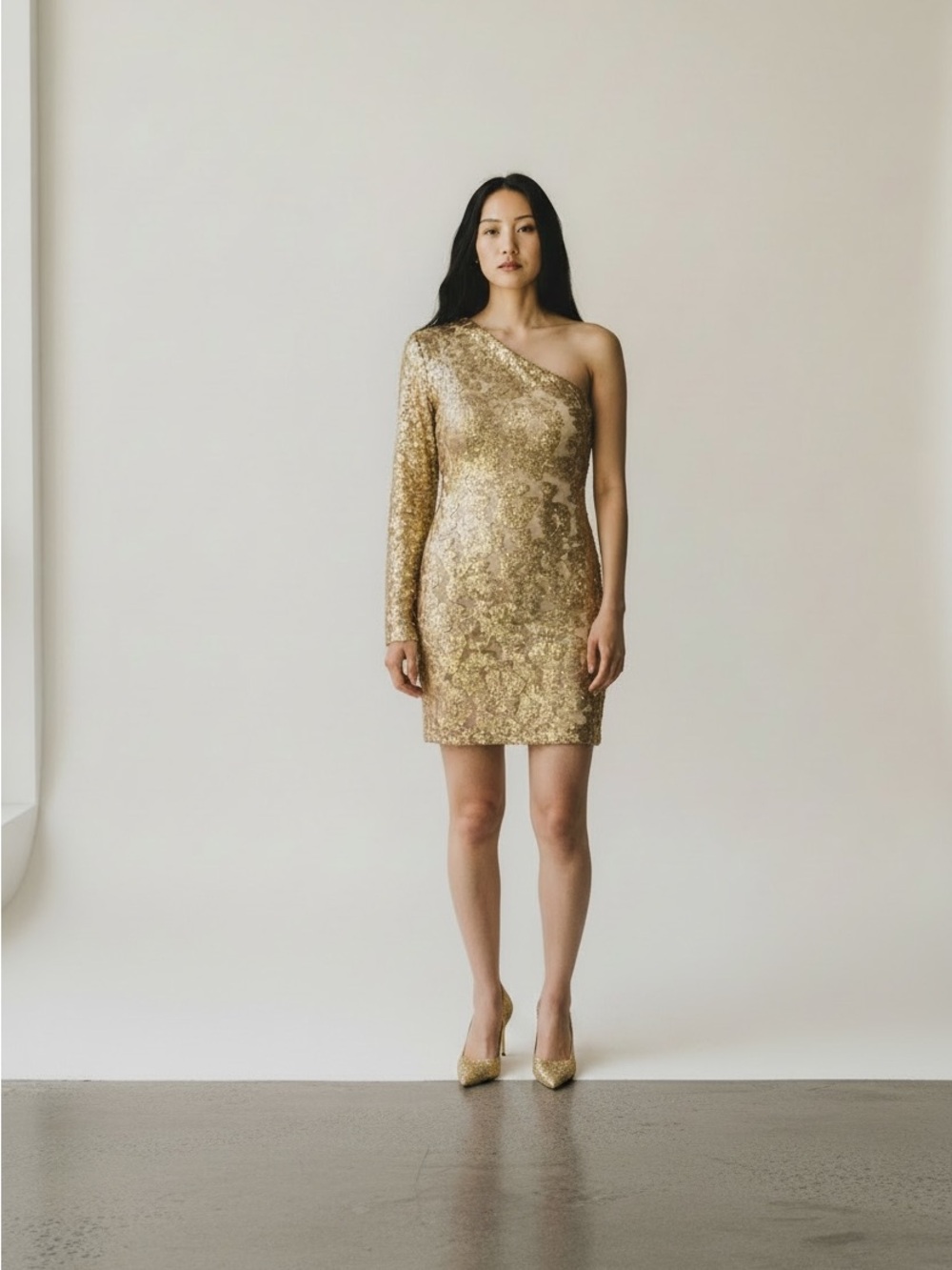 Guess Gold Sequin One-Shoulder Dress